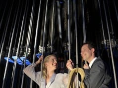 Love blossoms backstage for ingenue Niki Harris (Katie Blodgett) and Lt. Frank Cioffi (Ryan Drummond) in CURTAINS at Foothill Music Theatre.