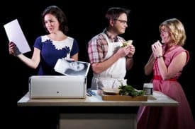 Rachel Spencer Hewitt as "Daphne" the hopeful actress, Ian Leonard as "Harold" the hapless sandwich maker, and Kristin Stokes as "Miriam," Daphne's star-gazing sister, in the world premiere of FLY BY NIGHT at TheatreWorks. Photo credit: Mark Kitaoka