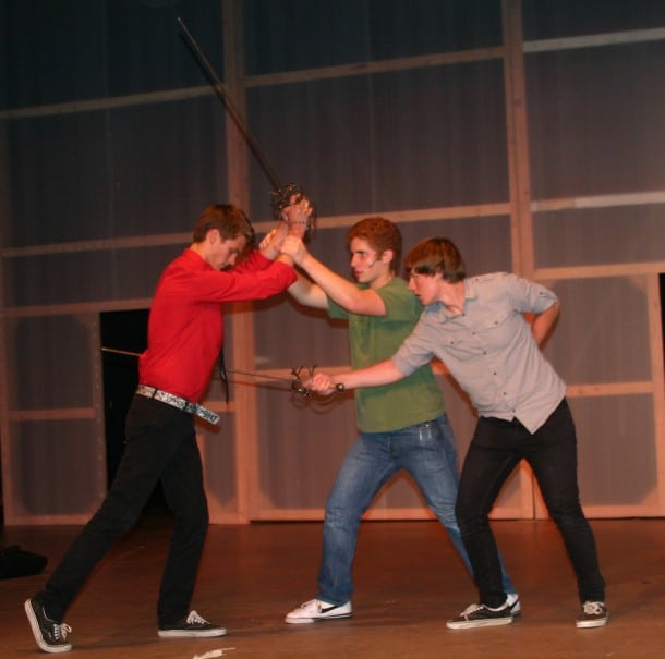 Mercutio (Taylor Barnes), Romeo (John Kellett), and Tybalt (Matt Cummings)