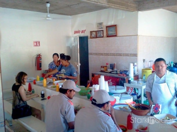 This photo was taken with the Samsung Galaxy Tab. Not the best resolution, but alas, Canon service center was not able to get our T2i back in time for this trip to Loreto. I still like this photo because it gives you a good feel of the inside of El Rey Del Taco. What is missing from this shot is the sink to the left that patrons can use to wash up. Building and eating tacos can be a messy business when done right!