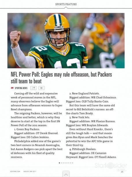 Articles from AOL-owned media sources, such as this one about the Packers from Sporting News, are embedded, while others (BusinessWeek, MSNBC, Bloomberg, etc.) point to web pages.