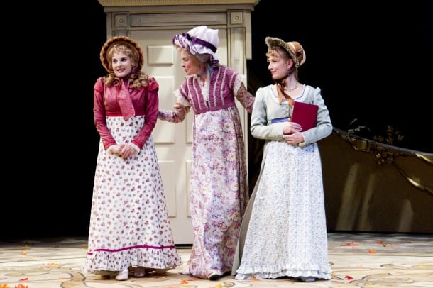 Marianne (Katie Fabel) enters Barton Cottage with her Aunt Jennings (Stacy Ross) and her sister Elinor (Jennifer Le Blanc).