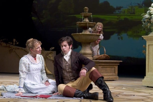 Elinor (Jennifer Le Blanc) and Edward (Thomas Gorrebeeck) get to know each other while Marianne (Katie Fabel) looks on in the American Premiere of SENSE AND SENSIBILITY at TheatreWorks. Photo credit: Tracy Martin.