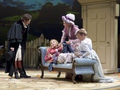 Having rescued her from a fall, Willoughby (Michael Scott McLean) introduces himself to Marianne (Katie Fabel), as Mrs. Jennings (Stacy Ross) and Elinor (Jennifer Le Blanc) care for her ankle.