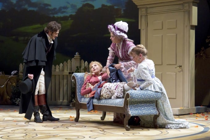 Having rescued her from a fall, Willoughby (Michael Scott McLean) introduces himself to Marianne (Katie Fabel), as Mrs. Jennings (Stacy Ross) and Elinor (Jennifer Le Blanc) care for her ankle.