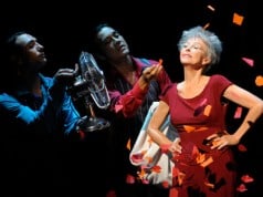 Legendary actress Rita Moreno performs with Salvatore Vassallo (left) and Ray Garcia during dress rehearsal for the world premiere of Rita Moreno: Life Without Makeup at Berkeley Rep.