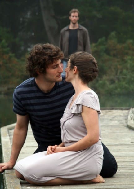 Golaud (back, Derek Fischer) discovers his wife Melisande (Caitlyn Louchard) and brother Pelleas (Joshua Schell) kissing in Cutting Ball Theater's Pelleas and Melisande Photo by Annie Paladino.