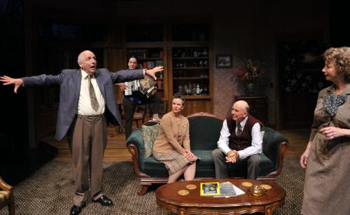 Tobias* (l, Ken Grantham*) tries to put his house back in order as Agnes (r, Kimberly King*), houseguests Edna and Harry (seated Anne Darragh*, Charles Dean*), and Claire (back, Jamie Jones*) watch.