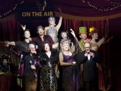 Entire Cast of On The Air Bottom row, left to right: Mat Plendl, Duffy Bishop, Kristin Clayton, Geoff Hoyle. Middle row, left to right: Christopher Phi, Bernard Hazens, Manuela Horn, Wayne Doba, Andrea Conway-Doba Top: Elena Gatilova