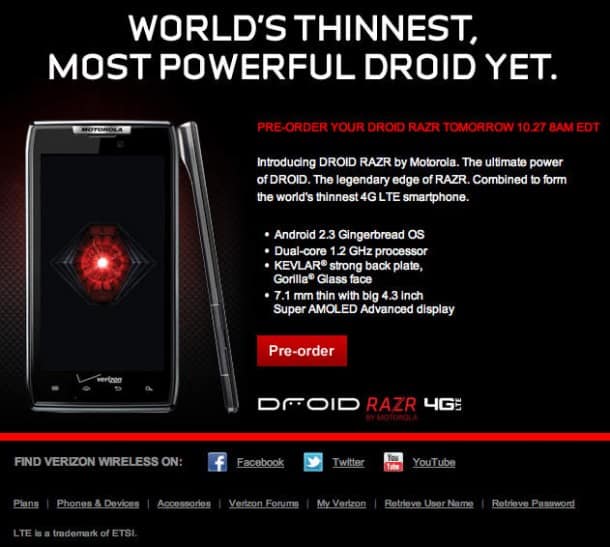 Verizon Motorola RAZR pre-order email