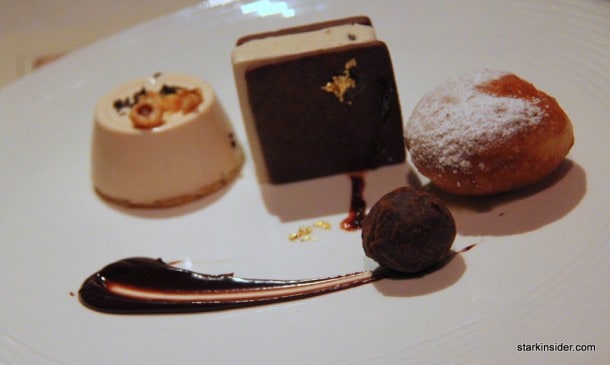 Warm Beignet with White Chocolate Truffle Sauce, Panna Cotta with Hazelnut Anglaise and Burgundy Truffle, Chestnut Truffle Ice Cream Sandwich by Deborah Yee-Henen, Pastry Chef at La Toque in Napa.