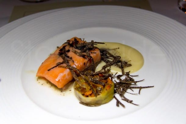 Chef Ken Frank's Truffled Loch Duart Salmon Slow Cooked in Duck Fat was a standout at last night's Truffles & Wine Dinner at La Toque in Napa.