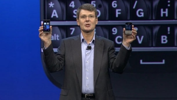 Happier Times: BlackBerry CEO Thornsten Heins unveils the Z10 and N10 smartphones in Q1 2013.