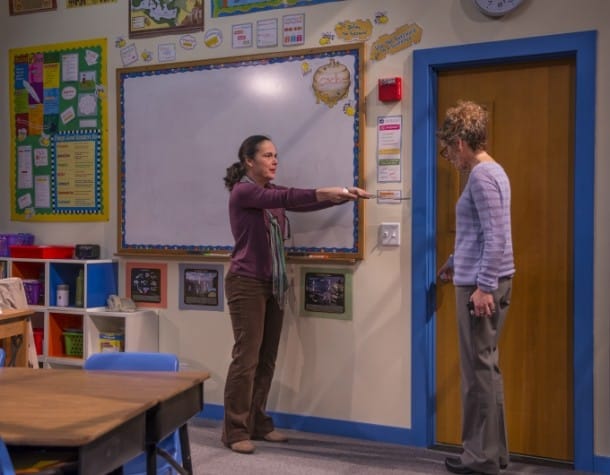 Corryn (l. Jamie Jones) implores a reluctant Heather (r. Stacy Ross) to read Gidion’s story to her in Gidion’s Knot. (Photo: David Allen)