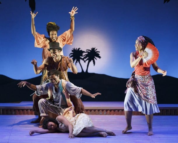 Clockwise, from bottom right: Ti Moune (Salisha Thomas),  Agwe, God of Water (Omari Tau), Papa Ge, Demon of Death (Max Kumangai), Asaka, Mother of the Earth  (Safiya Fredericks), and Erzulie, Goddess of Love  (Adrienne Muller) in TheatreWorks' musical  ONCE ON THIS ISLAND, playing March 5-30, 2014 at the  Lucie Stern Theatre in Palo Alto