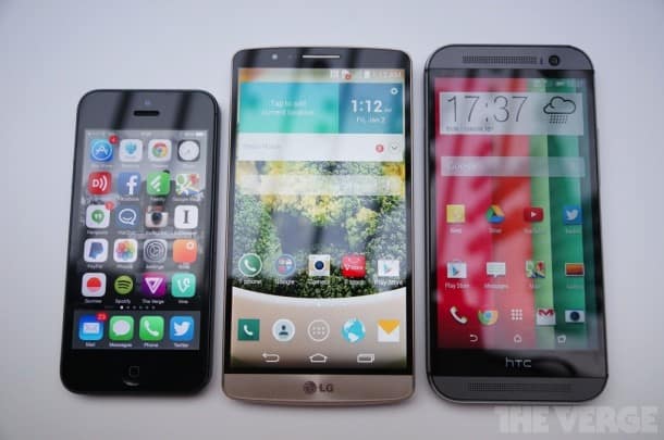 Apple iPhone 5S, LG G3, and HTC One (M8)