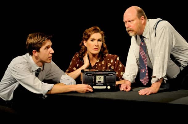 From left, Weston Gaylord, Courtney Walsh and Tom Freeland appear in Stanford Repertory Theater’s “War of the Worlds,” based on works by Orson Welles and H.G. Wells