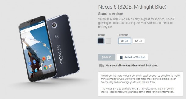 Nexus 6 on Google Play Store
