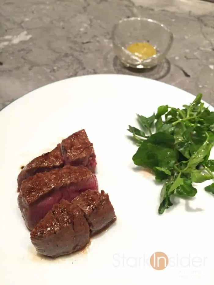 Charcoal-Grilled Fillet of Tasmanian Grass-Fed Beef with Tetsuya's Wasabi Mustard. This steak was prepared in front of us and was was cooked to perfection. A nice warm red in the center. Like the eel, it was a little too salty for my liking. The watercress salad was a nice balance to the steak. I think I would have enjoyed the mustard more if the steak wasn't already plenty seasoned. 