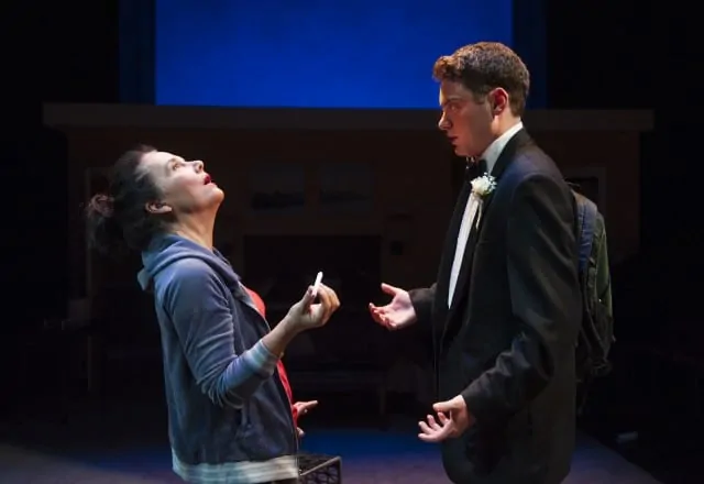 l-r, Beth (Jamie Jones*) enjoys the joint she scores from teenaged dealer Jonathan (Devin O’Brien) in Aurora Theatre Company’s Bay Area Premiere of Mud Blue Sky