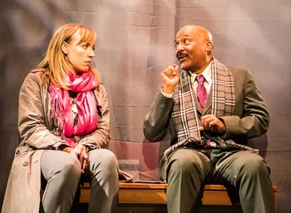 Pictured left to right: Melissa Keith as Annie and Darryl V. Jones* as Alemu in THE CALL by Tanya Barfield Directed by Jon Wai-keung Lowe. A Theatre Rhinoceros Production at the Eureka Theatre. Photo by David Wilson. *Member, Actors Equity Association