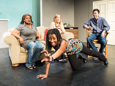 Pictured left to right: Alexaendrai Bond as Drea, Nkechi Emeruwa as Rebecca, Melissa Keith as Annie and Hawlan Ng as Peter in THE CALL by Tanya Barfield Directed by Jon Wai-keung Lowe. A Theatre Rhinoceros Production at the Eureka Theatre. Photo by David Wilson. 