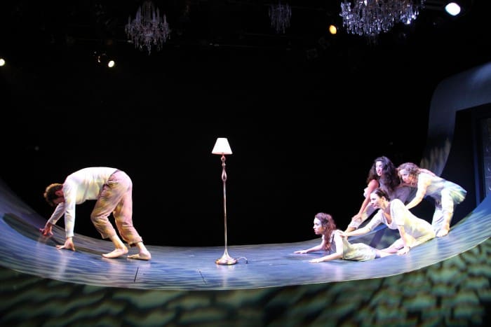 Ondine (c. Jessica Waldman) and her sisters (clockwise) Mist (Marilet Martinez), Ice (Danielle O’Hare), and Rain (Molly Benson) taunt Hildebrand (l. Kenny Toll) as he tries to escape in Cutting Ball’s World Premiere of Ondine. Photo: Rob Melrose