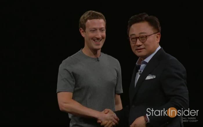 Mark Zuckerberg (Facebook) and DJ Koh (Samsung) co-present at MWC Barcelona 2016.