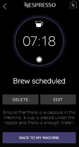 Nespresso App for iPhone - Schedule Brewing screen