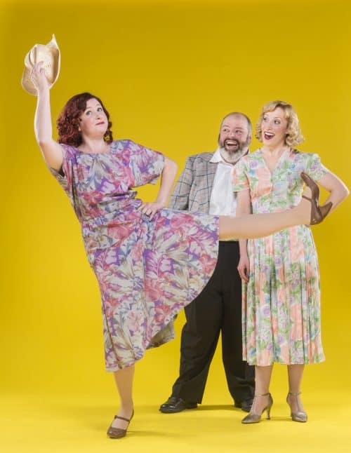 (l-r) Nicole Frydman (as Cleo) kicks up her heels as Martin Rojas Dietrich (as Tony) and Amanda Johnson (as Rosabella) watch in 42nd Street Moon's production of THE MOST HAPPY FELLA, running April 27-May 15, 2016 at the Eureka Theatre. Photo credit: David Allen