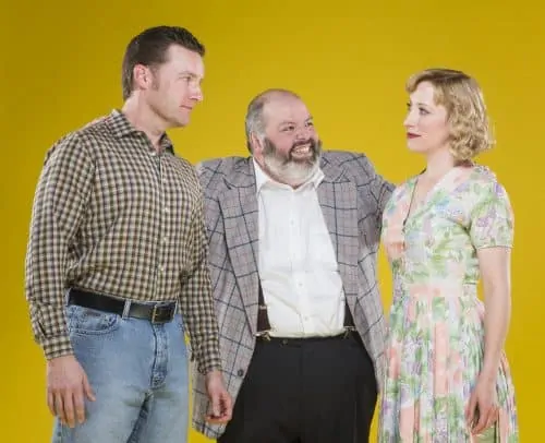 (l-r) Noel Anthony (as Joe) is introduced by Martin Rojas Dietrich (as Tony) to Amanda Johnson (as Rosabella) in 42nd Street Moon's production of THE MOST HAPPY FELLA, running April 27-May 15, 2016 at the Eureka Theatre. Photo credit: David Allen