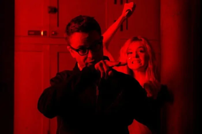 Nicolas Winding Refn on set, directing Elle Fanning in The Neon Demon