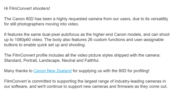 FilmConvert profile available for Canon EOS 80D DSLR camera