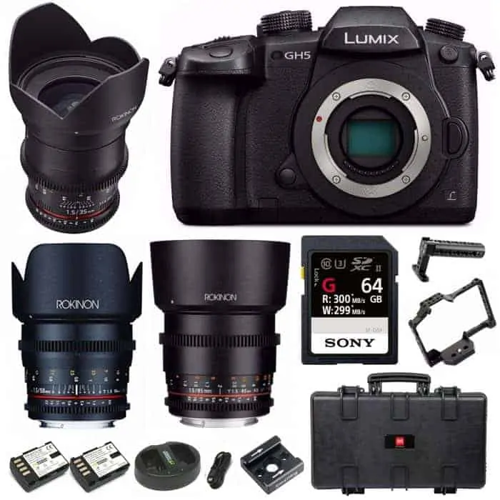 Panasonic Lumix GH5 4K Mirrorless Camera (Body) + 3-Lens Cine Kit & 64GB UHSII + Cage Bundle