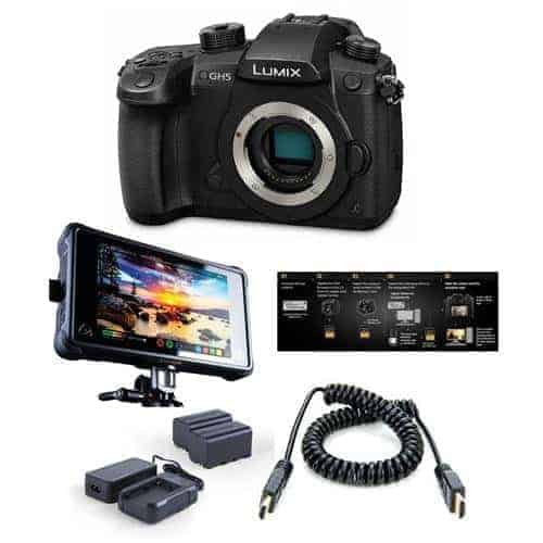 Panasonic Lumix DC-GH5 Mirrorless Camera Body, Black - Pro FilmMaker Kit - V-Log L Function Firmware Upgrade Kit, Atomos Ninja Inferno All-in-1 Monitor Recorder, HDMI to HDMI Cable, Atomos Power Kit