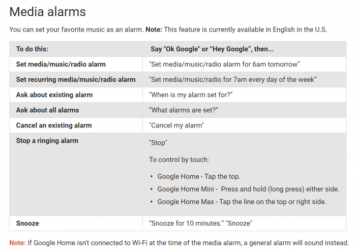 Google Home media alarm voice commands