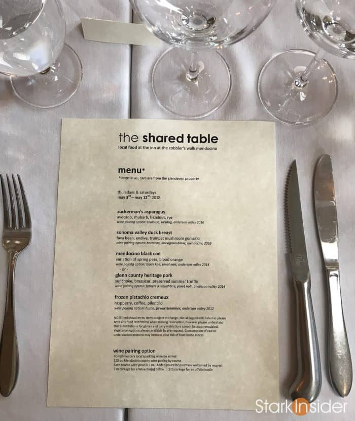 The Shared Table restaurant in Mendocino - Menu