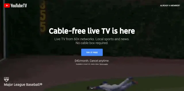 YouTube TV live baseball streaming