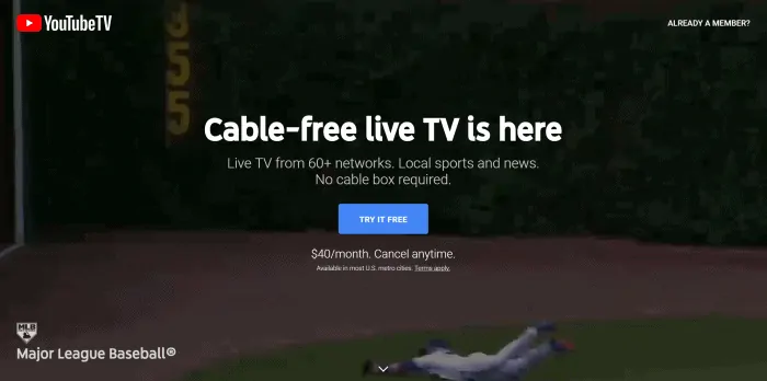 YouTube TV live baseball streaming