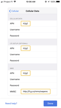 Google Fi iPhone network settings h2g2 MMS