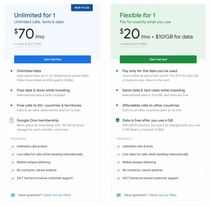 Google Fi - Rate Comparison - Unlimited plan vs. Flexible plan pricing and data rates