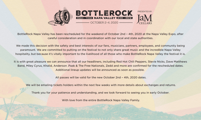 BottleRock Napa Valley has been rescheduled for the weekend of October 2nd – 4th, 2020 at the Napa Valley Expo, after careful consideration and in coordination with our local and state authorities.