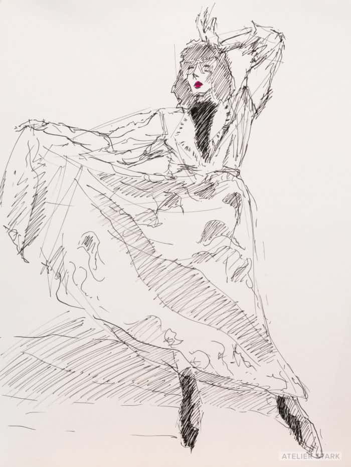 Ami in Dress, ink on paper, 12×9 inches, ©️ Stark 2020