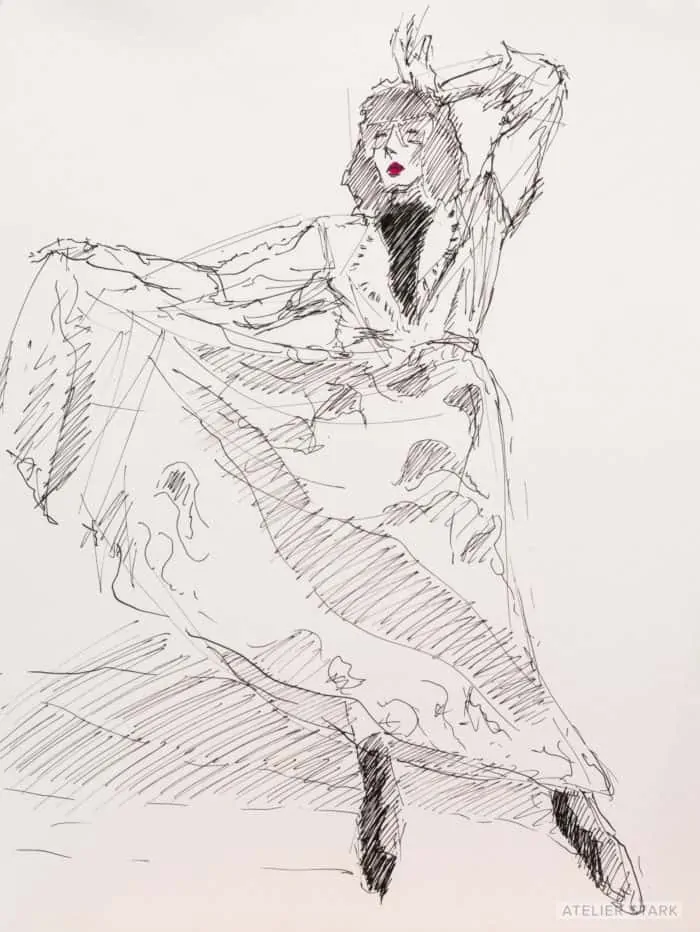 Ami in Dress, ink on paper, 12×9 inches, ©️ Stark 2020