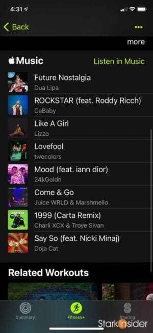 Apple Fitness+ app music track listing