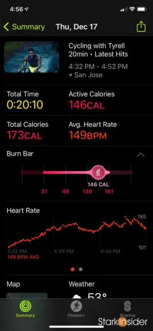 Apple Fitness+ metrics workout summary BPM, burn bar, time