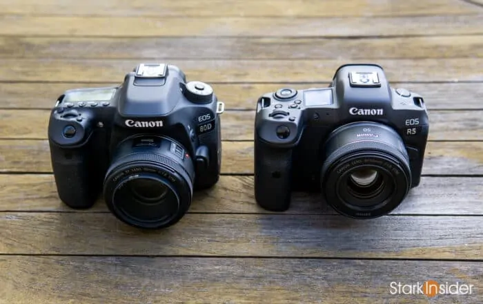 Canon EOS R5 next to Canon EOS 80D