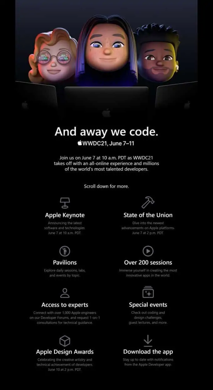 Apple WWDC 2021 - And away we code. - Schedule, all-online event