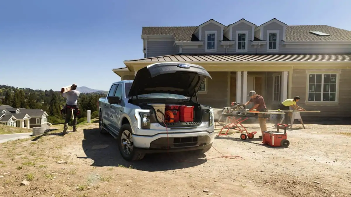 Ford F-150 Lightning Mega Power Frunk on construction site homebuilding