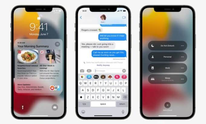 Apple Notifications iOS 15 - morning summary, messages notify away, Focus profiles